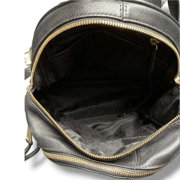 MICHAEL KORS Rhea Medium Black Studded Pebbled Leather Gold Details Backpack - Picture 13 of 17